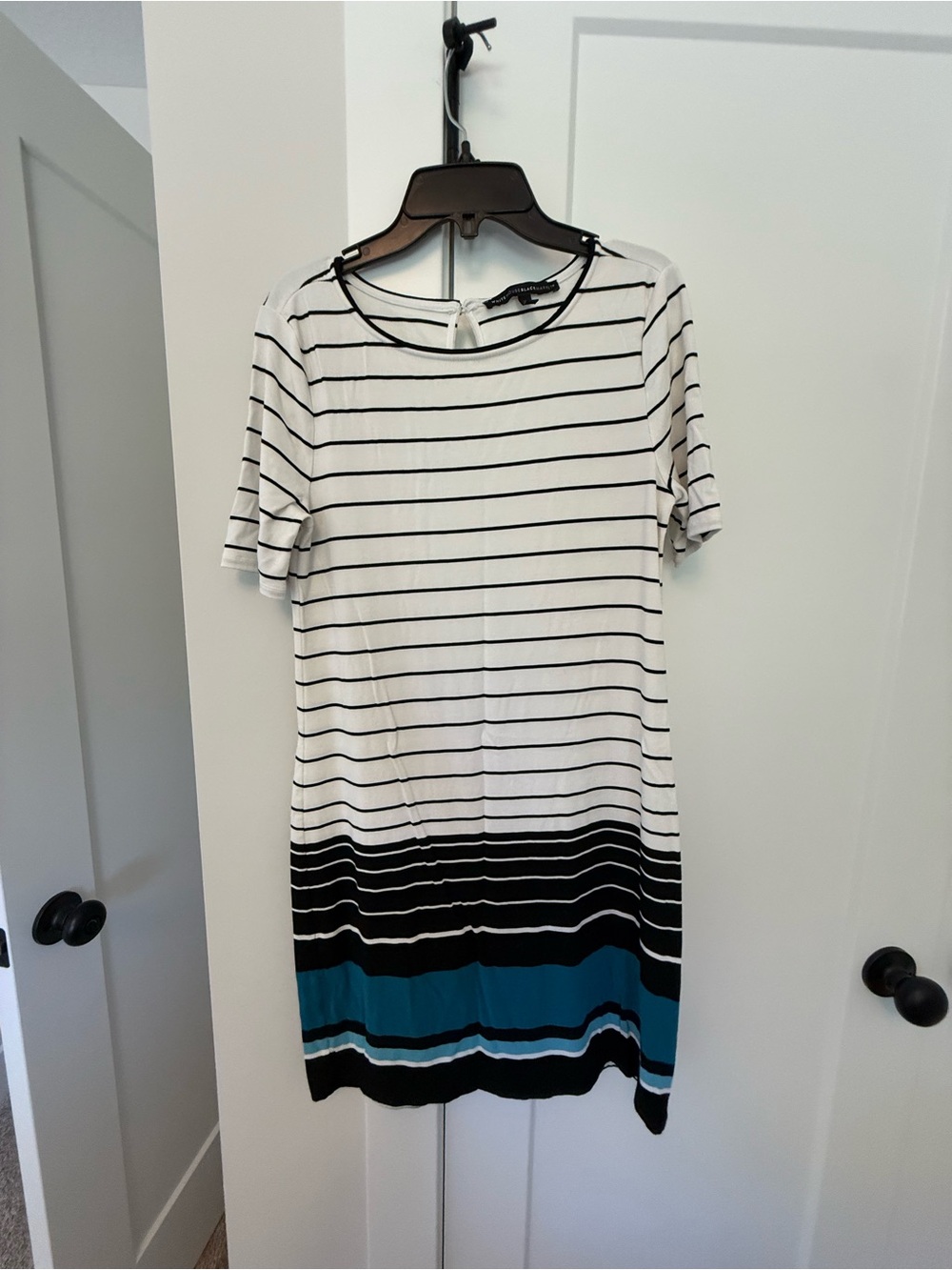 White House Black Market White, Black and Teal Striped Tee Dress